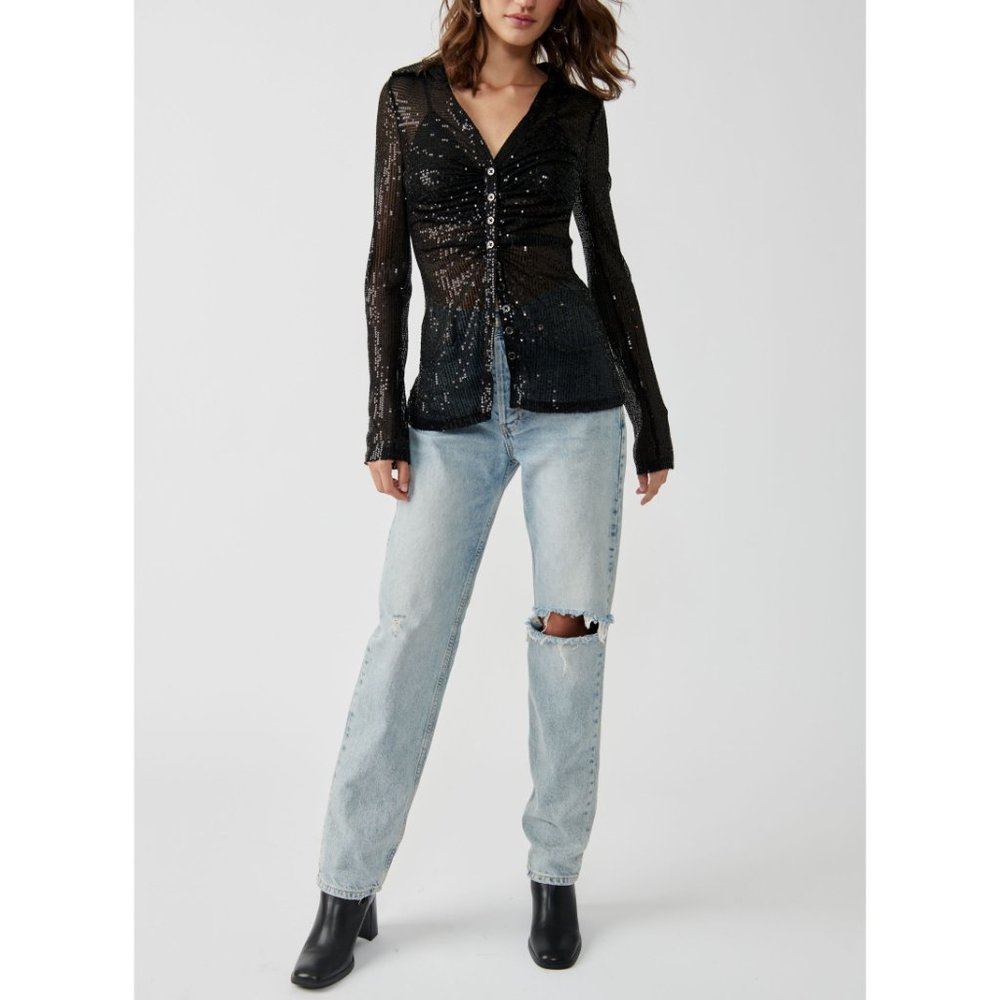 🎉LAST CHANCE🎉 FREE PEOPLE Sequin Shirtee / Black - Picture 5 of 6
